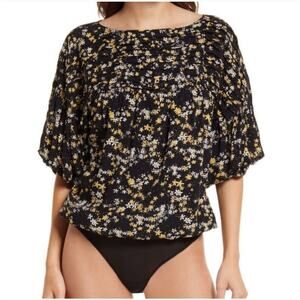 Free People Dessa Dark Ditsy Floral Puff Sleeve Bodysuit M Black Cutout Fairy